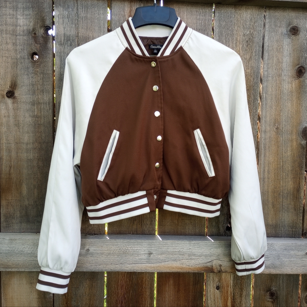 Camellia Brown and White Varsity Jacket Cropped Size L